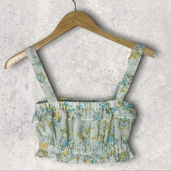 With Jean Floral Ruffle Crop Top‎ Size XS Avena Blue White Yellow Cotton Boho - Picture 7 of 12
